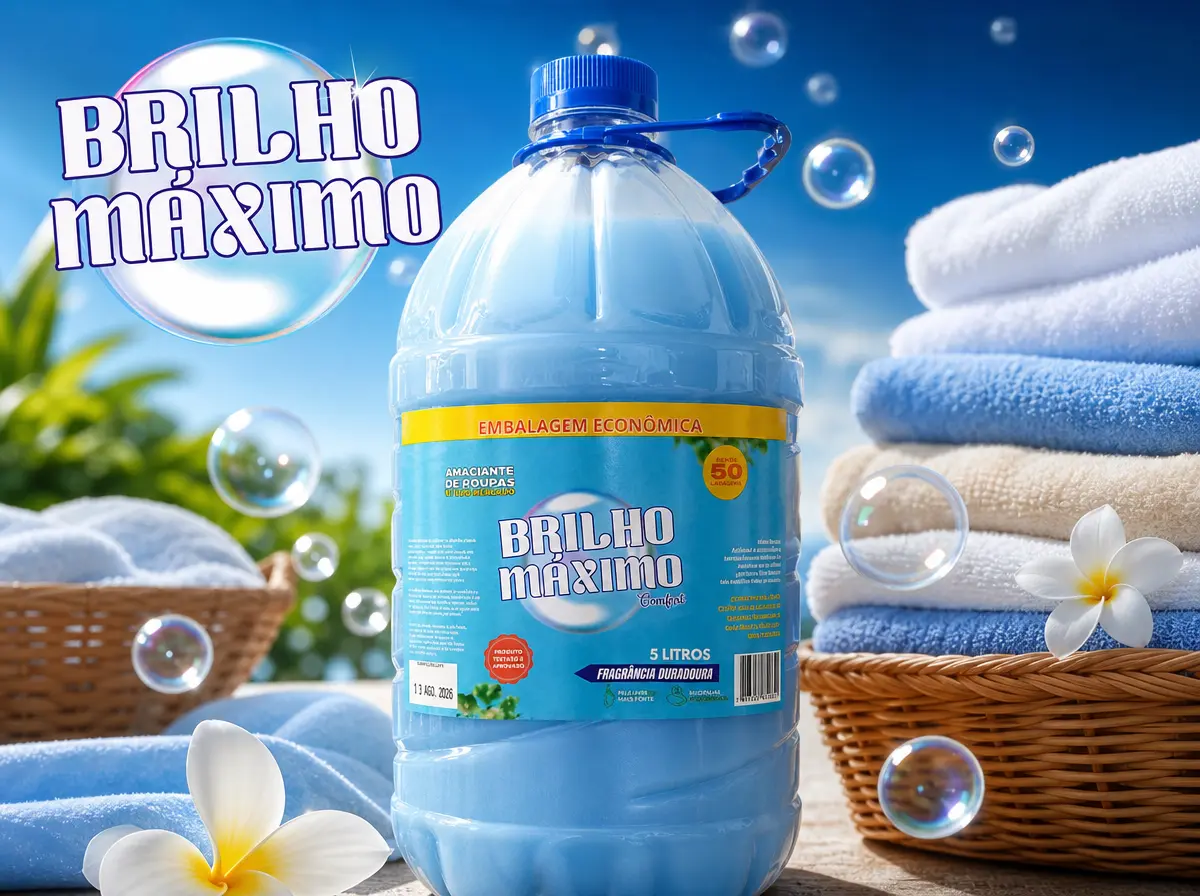 Amaciante Comfort Brilho Máximo de 5 litros em ambiente com roupas limpas